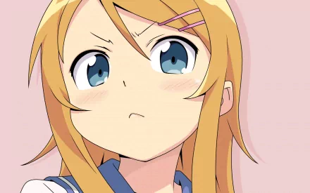 Close-up of Kirino Kousaka from Oreimo with blonde hair, aqua eyes, and a slight blush, featured in an HD anime desktop wallpaper.