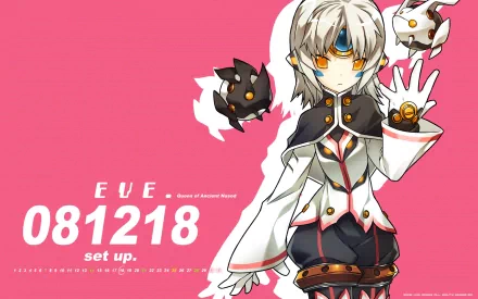 HD PC desktop wallpaper featuring a character from the video game Elsword against a bold pink background with text Eve 081218 set up.