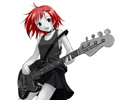 HD desktop wallpaper of an anime girl with red hair playing a bass guitar. Music-themed background.