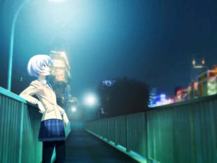 HD anime PC wallpaper Chaos;Head — blue-haired schoolgirl leans on a railing on a moonlit bridge, lonely walkway and blurred city lights glowing in the night.