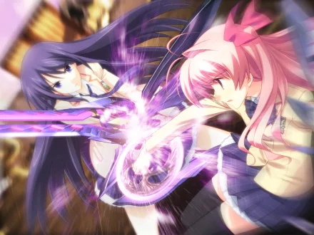 Anime Chaos;Head HD PC desktop wallpaper showing pink- and purple‑haired girls in school uniforms clashing with a burst of purple psychic energy.