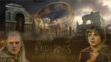 A captivating HD wallpaper featuring Elijah Wood as Frodo alongside iconic imagery from The Lord of the Rings, showcasing the mystical setting of Middle-earth.