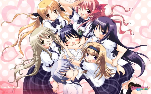 HD PC desktop wallpaper of Chaos;Head anime: smiling schoolgirls in uniforms surrounding a blushing male protagonist against a pink heart-patterned background.