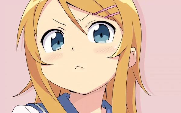Close-up of Kirino Kousaka from Oreimo with blonde hair, aqua eyes, and a slight blush, featured in an HD anime desktop wallpaper.