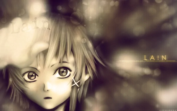 HD anime wallpaper featuring Lain from Serial Experiments Lain, with a soft, glowing background and an expressive close-up of her face.