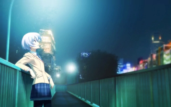 HD anime PC wallpaper Chaos;Head — blue-haired schoolgirl leans on a railing on a moonlit bridge, lonely walkway and blurred city lights glowing in the night.
