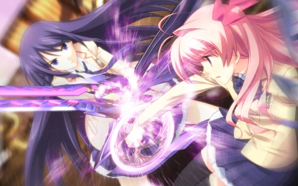 Anime Chaos;Head HD PC desktop wallpaper showing pink- and purple‑haired girls in school uniforms clashing with a burst of purple psychic energy.