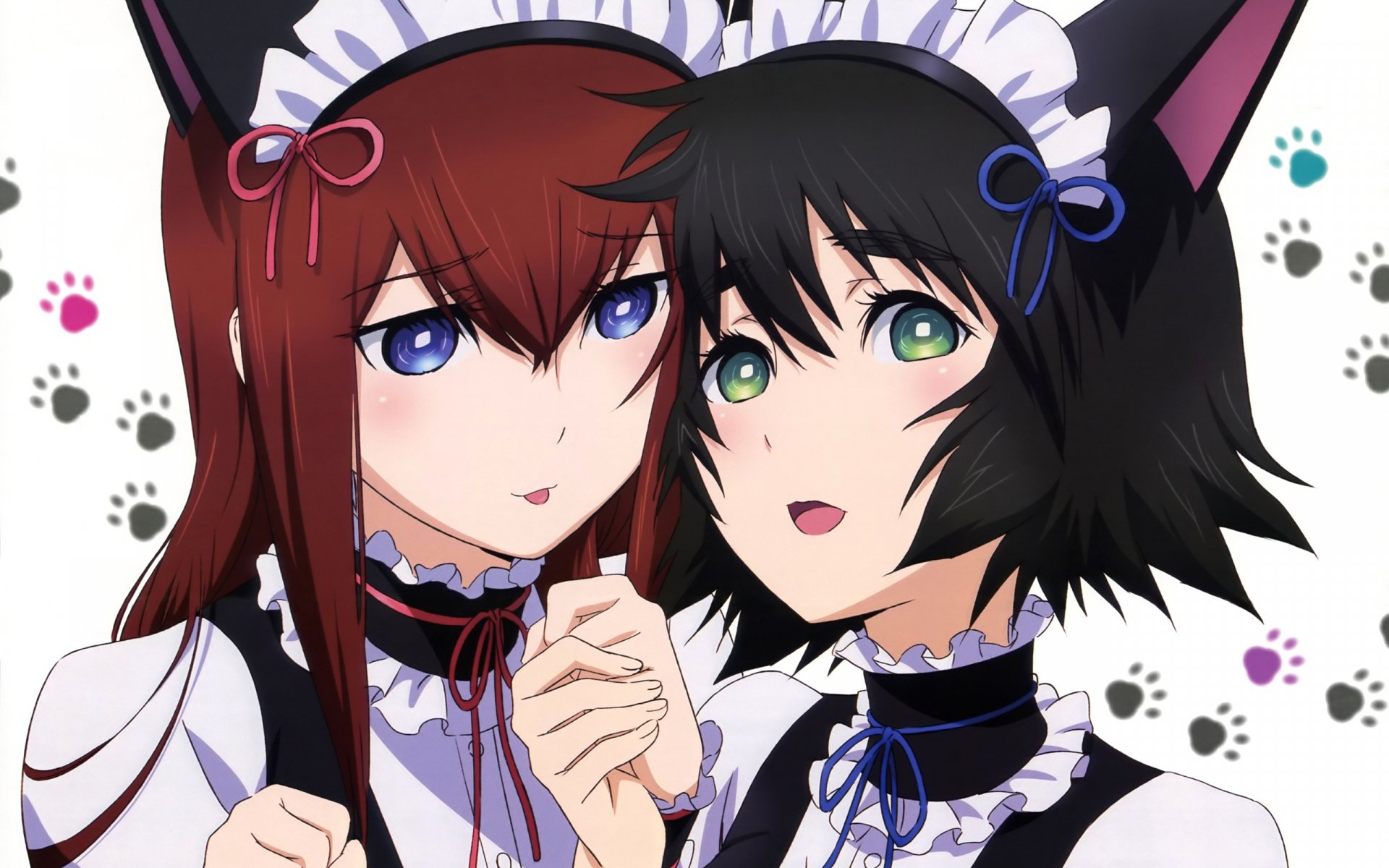 Mayuri Shiina and Kurisu Makise from Steins;Gate featured in a vibrant, HD anime wallpaper, showcasing their playful expressions against a backdrop of paw prints.