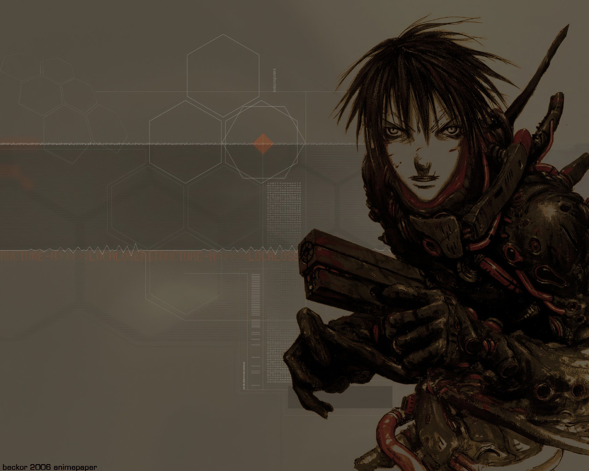 Anime: Blame! 2K Quad HD PC desktop wallpaper/background — brooding cyborg-like figure in armored suit clutching a weapon against a muted industrial, hex-grid cybernetic backdrop.