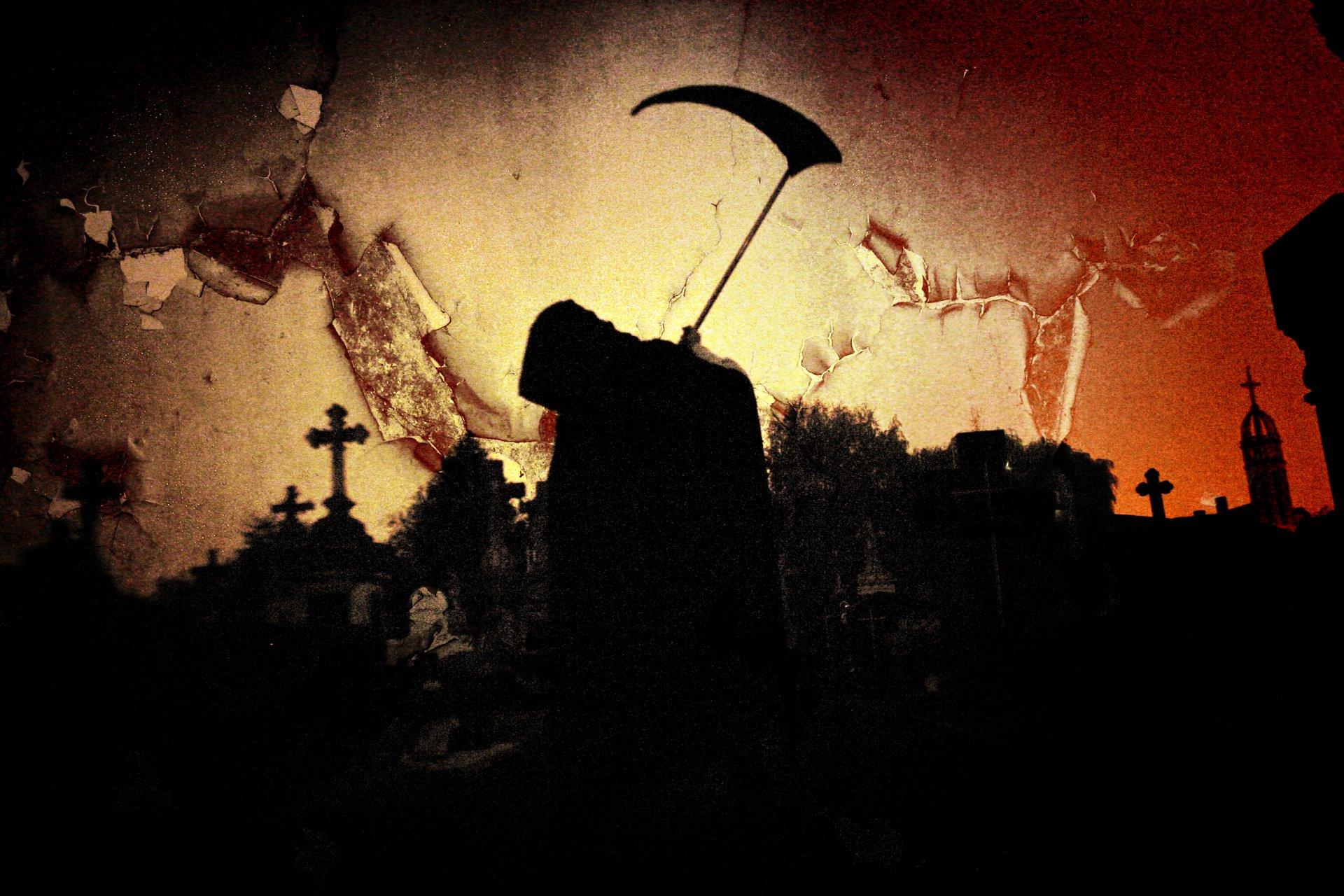A dark and atmospheric HD wallpaper featuring a Grim Reaper silhouette against a haunting backdrop of a graveyard and an ominous orange glow.