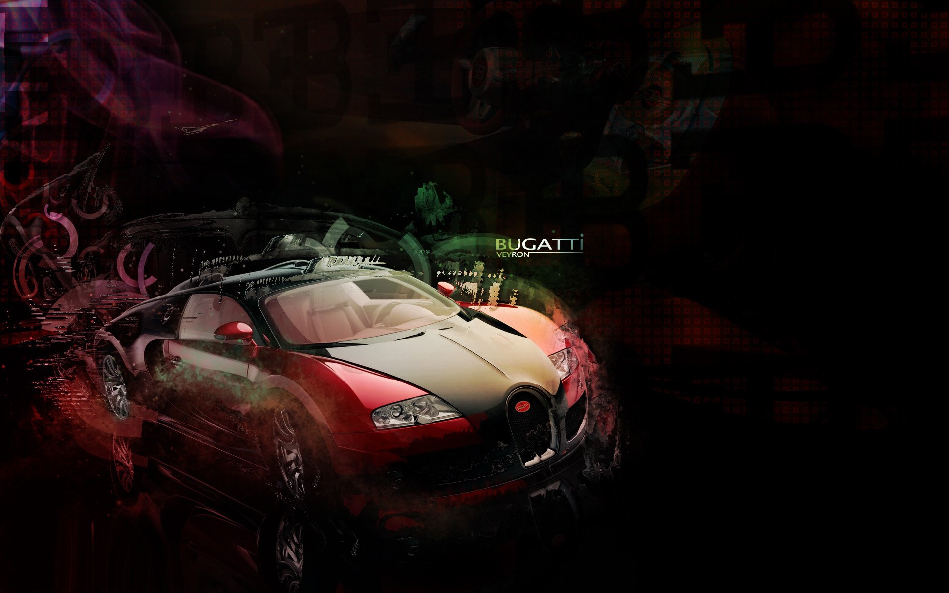 HD PC desktop wallpaper featuring a sleek Bugatti Veyron vehicle set against a dark, artistic background with vibrant red and black tones.