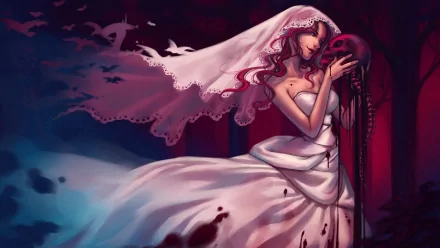 A fantasy-themed HD wallpaper featuring a woman in a flowing wedding dress, holding a skull, with a dark forest backdrop and hints of red.
