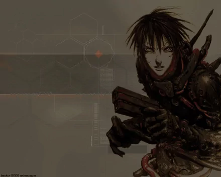 Anime: Blame! 2K Quad HD PC desktop wallpaper/background — brooding cyborg-like figure in armored suit clutching a weapon against a muted industrial, hex-grid cybernetic backdrop.