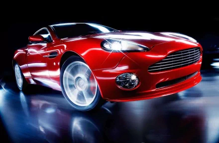 HD PC desktop wallpaper showcasing a sleek red Aston Martin vehicle with dynamic lighting and reflections against a dark background.