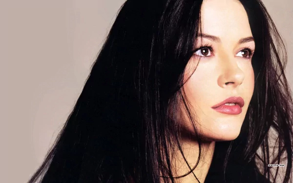 Catherine Zeta-Jones gazes softly in this HD wallpaper, showcasing her elegance and beauty, making it a striking background for any desktop.