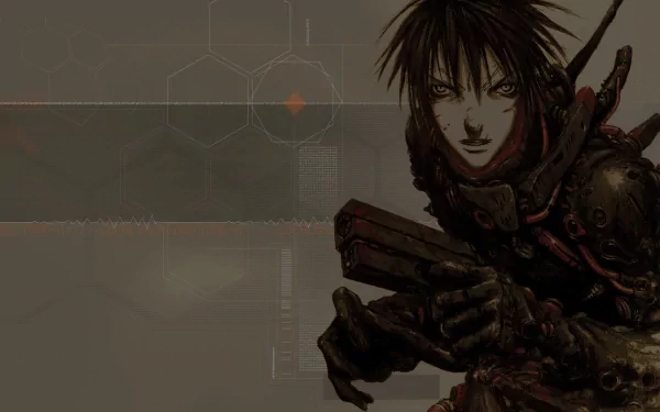 Anime: Blame! 2K Quad HD PC desktop wallpaper/background — brooding cyborg-like figure in armored suit clutching a weapon against a muted industrial, hex-grid cybernetic backdrop.