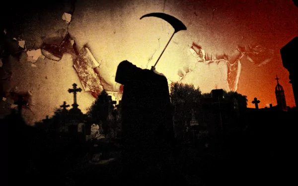 A dark and atmospheric HD wallpaper featuring a Grim Reaper silhouette against a haunting backdrop of a graveyard and an ominous orange glow.