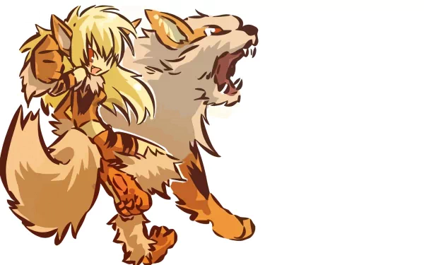 A dynamic HD wallpaper featuring Arcanine, the fire Pokémon, alongside a fierce trainer. The vibrant anime style captures their bold colors and energetic poses.