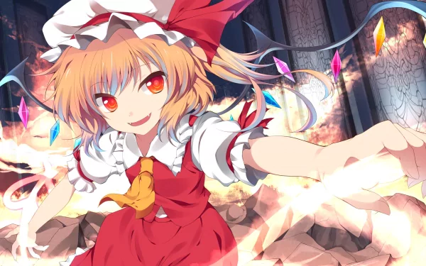 A vibrant HD wallpaper featuring Flandre Scarlet from Touhou, showcasing her short blonde hair and striking red eyes, with colorful crystals and animated wings in a dynamic, magical setting.