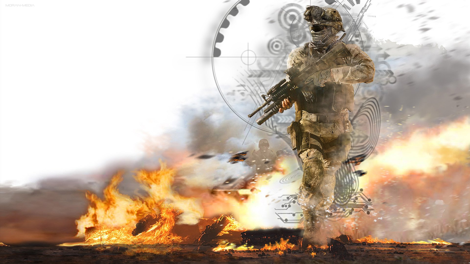 HD PC desktop wallpaper of a soldier in tactical gear with a rifle, set against a fiery battlefield background, inspired by the Call of Duty video game series.