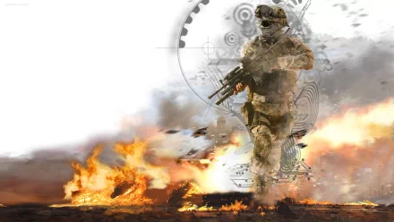 HD PC desktop wallpaper of a soldier in tactical gear with a rifle, set against a fiery battlefield background, inspired by the Call of Duty video game series.