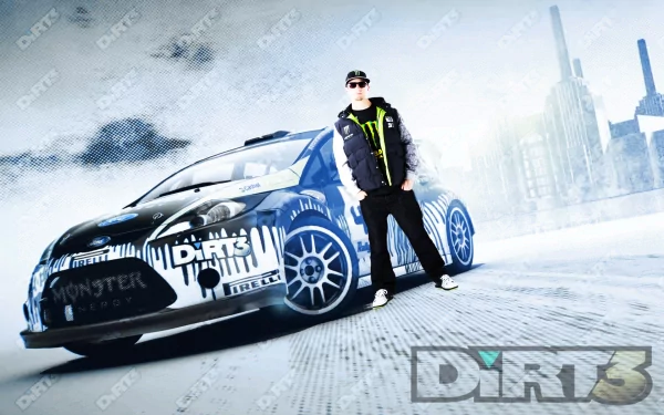 HD PC desktop wallpaper featuring a driver standing next to a stylized rally car from the video game DiRT 3 in an urban, icy setting.