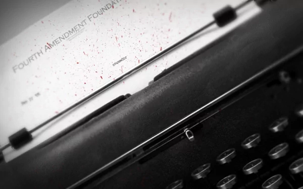 Close-up HD desktop wallpaper of a vintage typewriter with a typed sheet showing Fourth Amendment Foundation text on a white background.