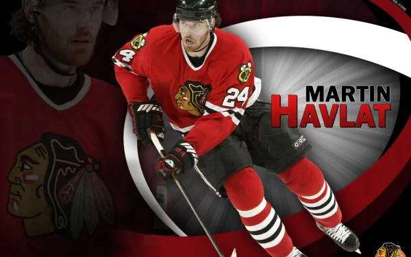 HD desktop wallpaper featuring Martin Havlat in Chicago Blackhawks hockey gear, captured mid-action against a dynamic red, black, and white sports-themed background.