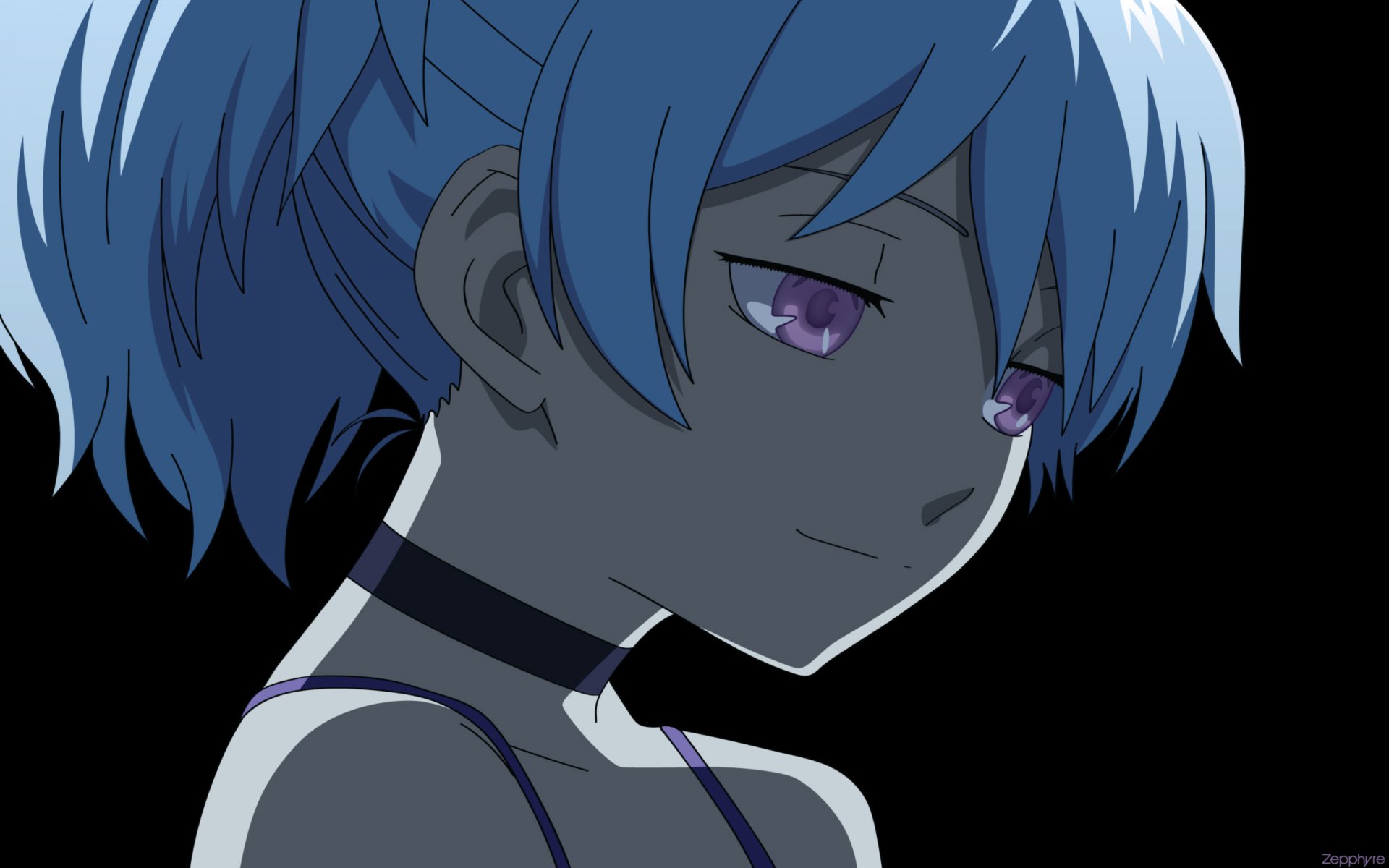 Close-up profile of Yin (Darker than Black) with blue hair, purple eyes and a choker against a black backdrop — anime 2K Quad HD PC desktop wallpaper/background.