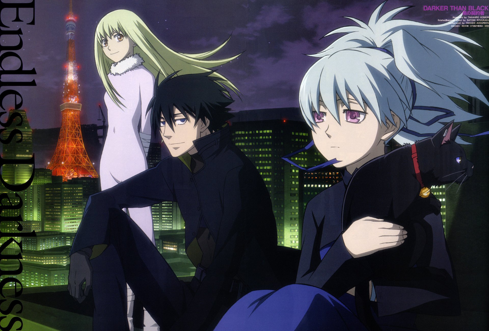 HD anime wallpaper featuring Hei, Yin, and Amber from Darker Than Black against a nighttime cityscape with illuminated buildings and Tokyo Tower.