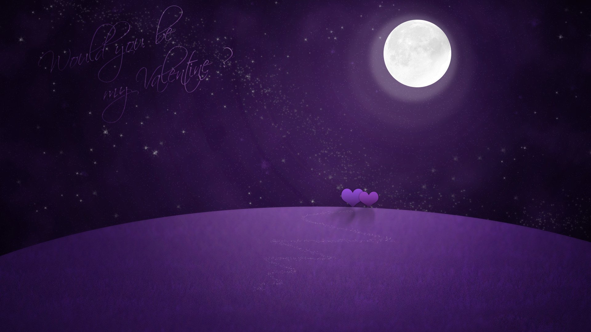 A romantic HD wallpaper featuring a serene night scene with a full moon and two flowers under a starry sky, embodying themes of love and Valentine's Day.