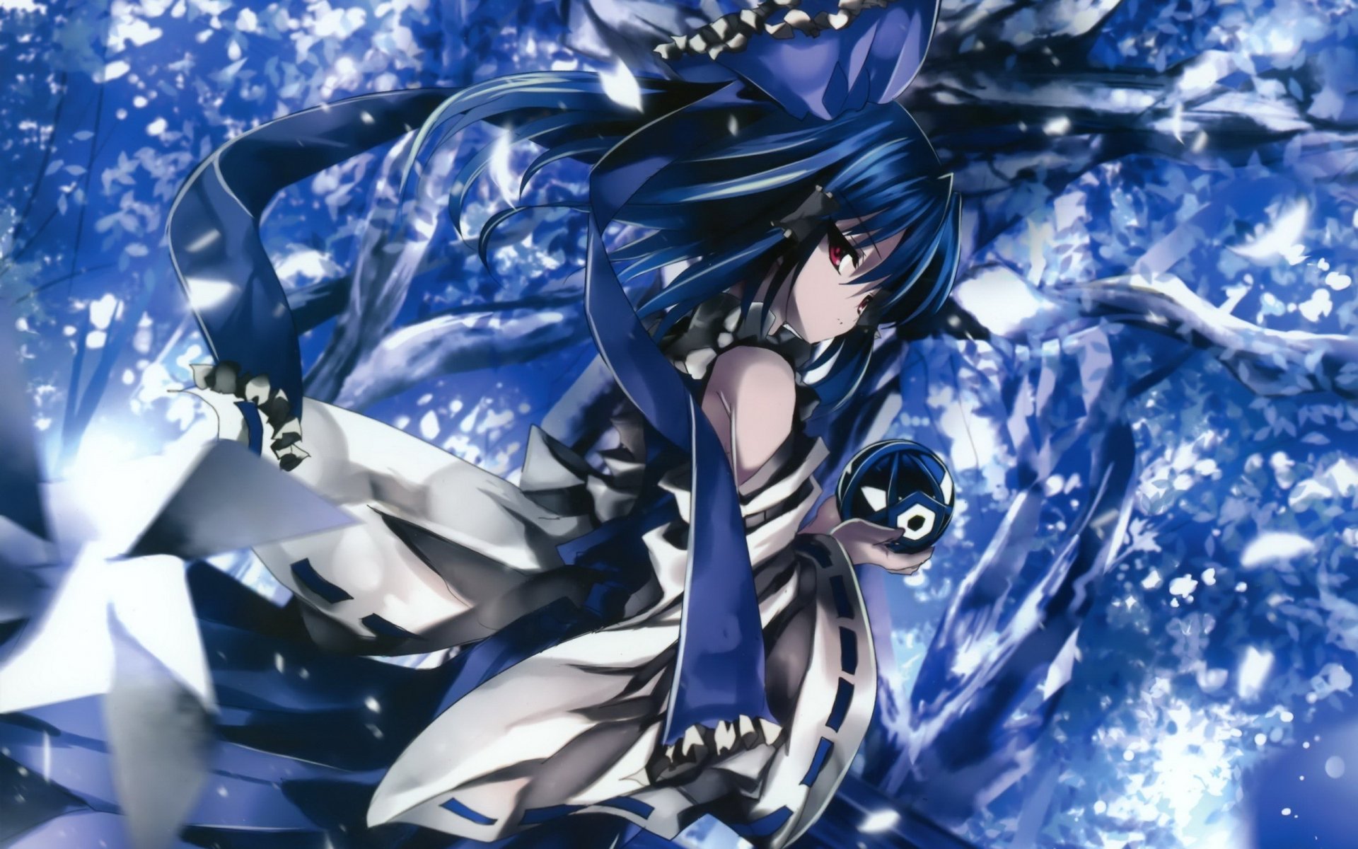 HD PC desktop wallpaper featuring Reimu Hakurei from the Touhou anime series, depicted in a dynamic pose with a vibrant, blue-toned background.