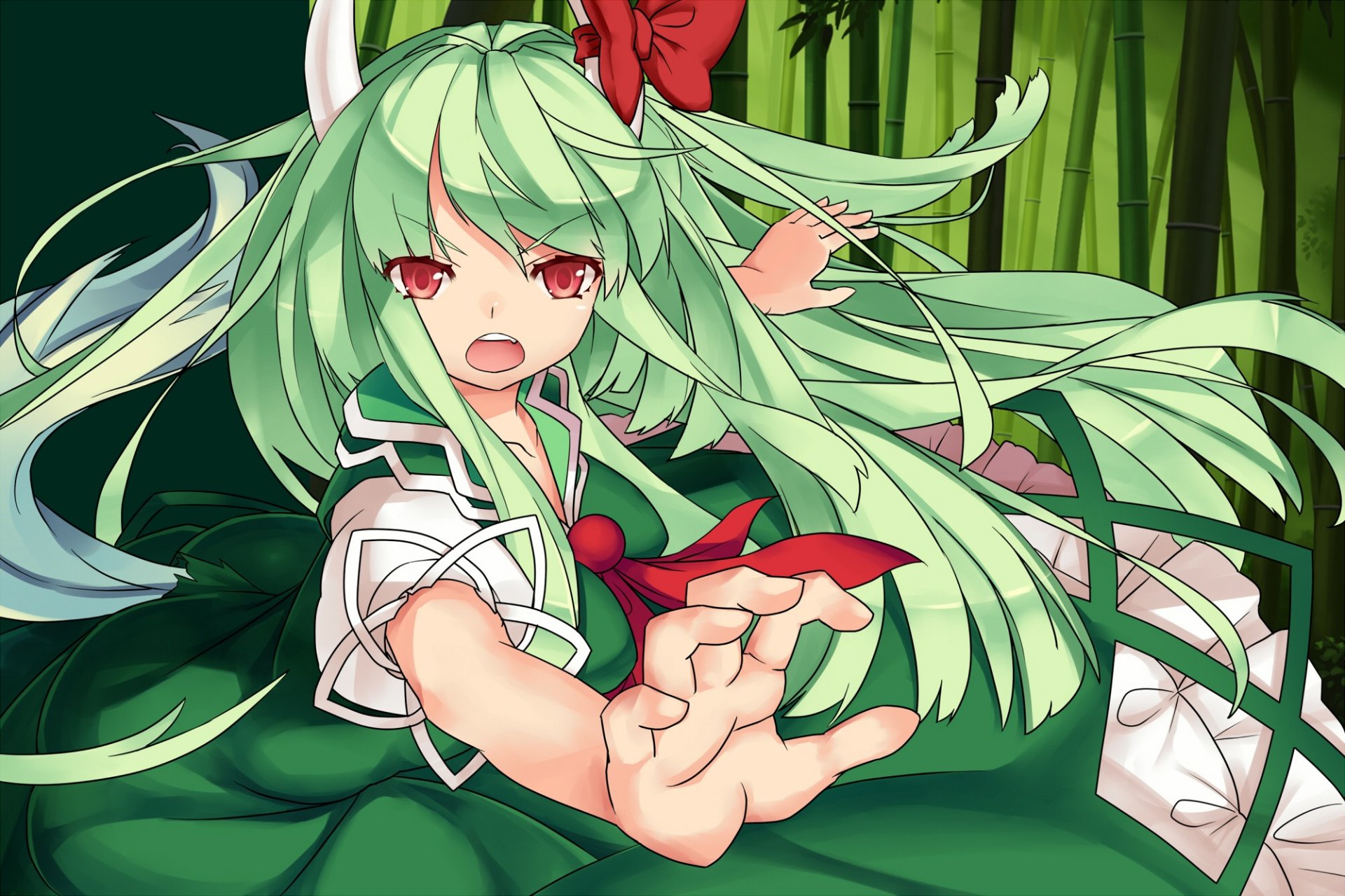 HD PC desktop wallpaper of Touhou character Keine Kamishirasawa: green-haired girl with red eyes and ribbon in a school uniform reaching forward among bamboo.