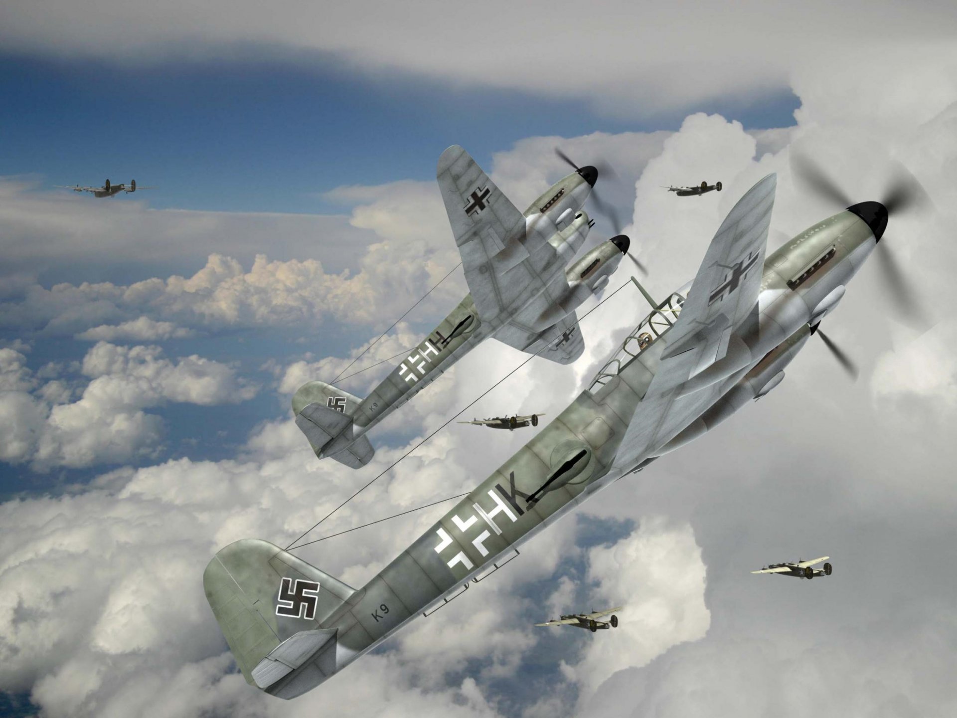 HD PC desktop wallpaper featuring a German military aircraft flying among clouds with multiple planes in the background during an aerial formation.