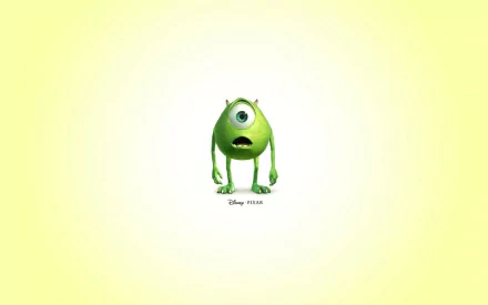 A vibrant HD wallpaper featuring Mike Wazowski from Disney's Monsters, Inc. against a soft yellow background, adding a playful touch to your desktop.