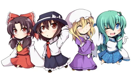 Chibi anime lineup of Reimu Hakurei, Maribel Hearn, Renko Usami and Sanae Kochiya in colorful outfits — Touhou 2K Quad HD PC desktop wallpaper background.
