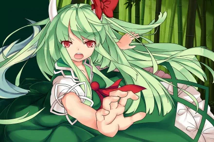 HD PC desktop wallpaper of Touhou character Keine Kamishirasawa: green-haired girl with red eyes and ribbon in a school uniform reaching forward among bamboo.