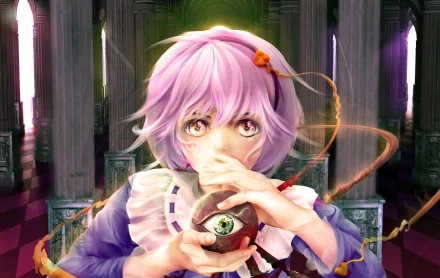 Satori Komeiji (Touhou) anime portrait holding a glowing heart-shaped eye orb in a gothic hall — vivid 2K Quad HD PC desktop wallpaper/background.