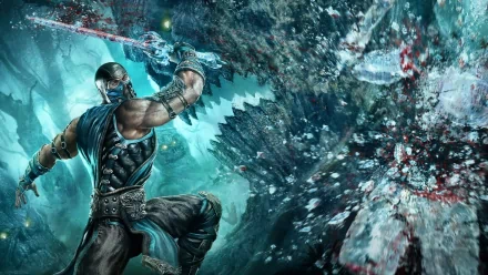 A dynamic HD desktop wallpaper featuring a character from Mortal Kombat wielding a sword in a dramatic, action-packed scene against a striking fantasy background.