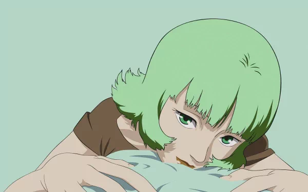 HD PC desktop wallpaper featuring a close-up of a character with green hair from the movie Paprika against a soft green background.
