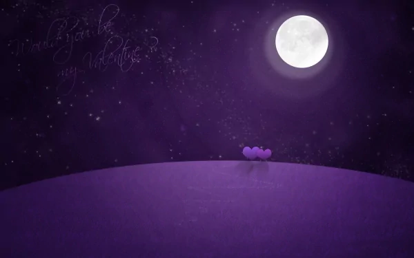 A romantic HD wallpaper featuring a serene night scene with a full moon and two flowers under a starry sky, embodying themes of love and Valentine's Day.