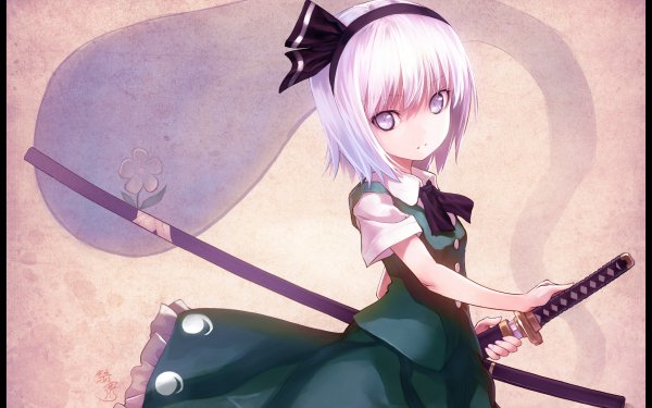 Anime Touhou Youmu Konpaku Sword Katana Spirit White Hair Short Hair Flower HD Wallpaper | Background Image