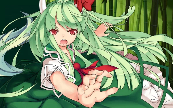HD PC desktop wallpaper of Touhou character Keine Kamishirasawa: green-haired girl with red eyes and ribbon in a school uniform reaching forward among bamboo.