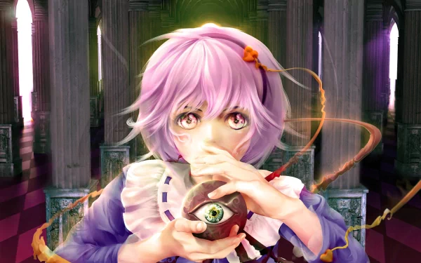 Satori Komeiji (Touhou) anime portrait holding a glowing heart-shaped eye orb in a gothic hall — vivid 2K Quad HD PC desktop wallpaper/background.