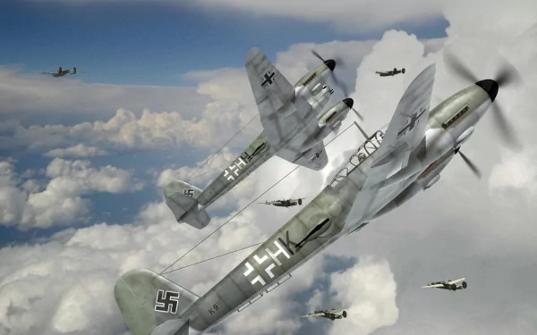 HD PC desktop wallpaper featuring a German military aircraft flying among clouds with multiple planes in the background during an aerial formation.