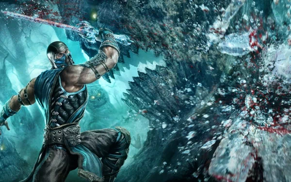 A dynamic HD desktop wallpaper featuring a character from Mortal Kombat wielding a sword in a dramatic, action-packed scene against a striking fantasy background.