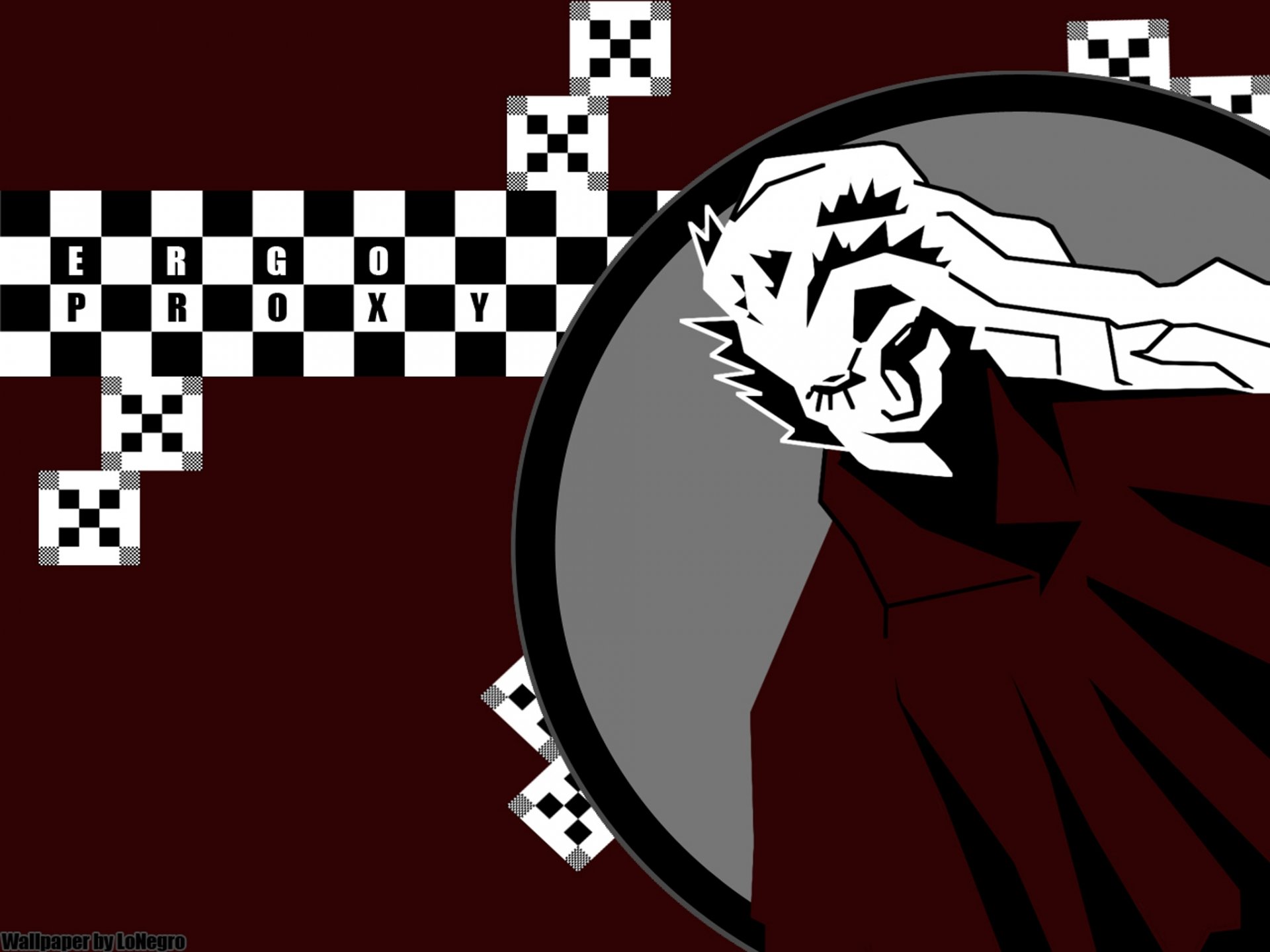 HD anime desktop wallpaper featuring a stylized black, white, and red design from Ergo Proxy with bold geometric patterns and a striking character portrait.