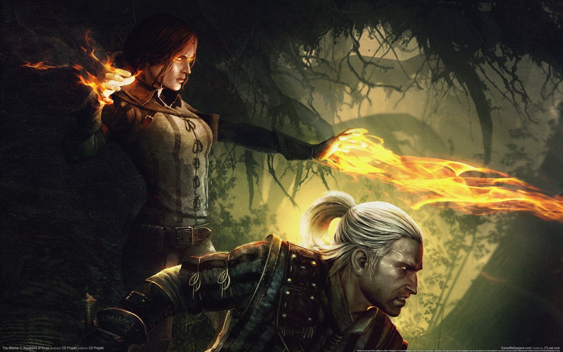 2K Quad HD PC desktop wallpaper and background from video game The Witcher 2: Assassins Of Kings — Geralt crouches as a sorceress unleashes fiery magic in a dark, misty forest.