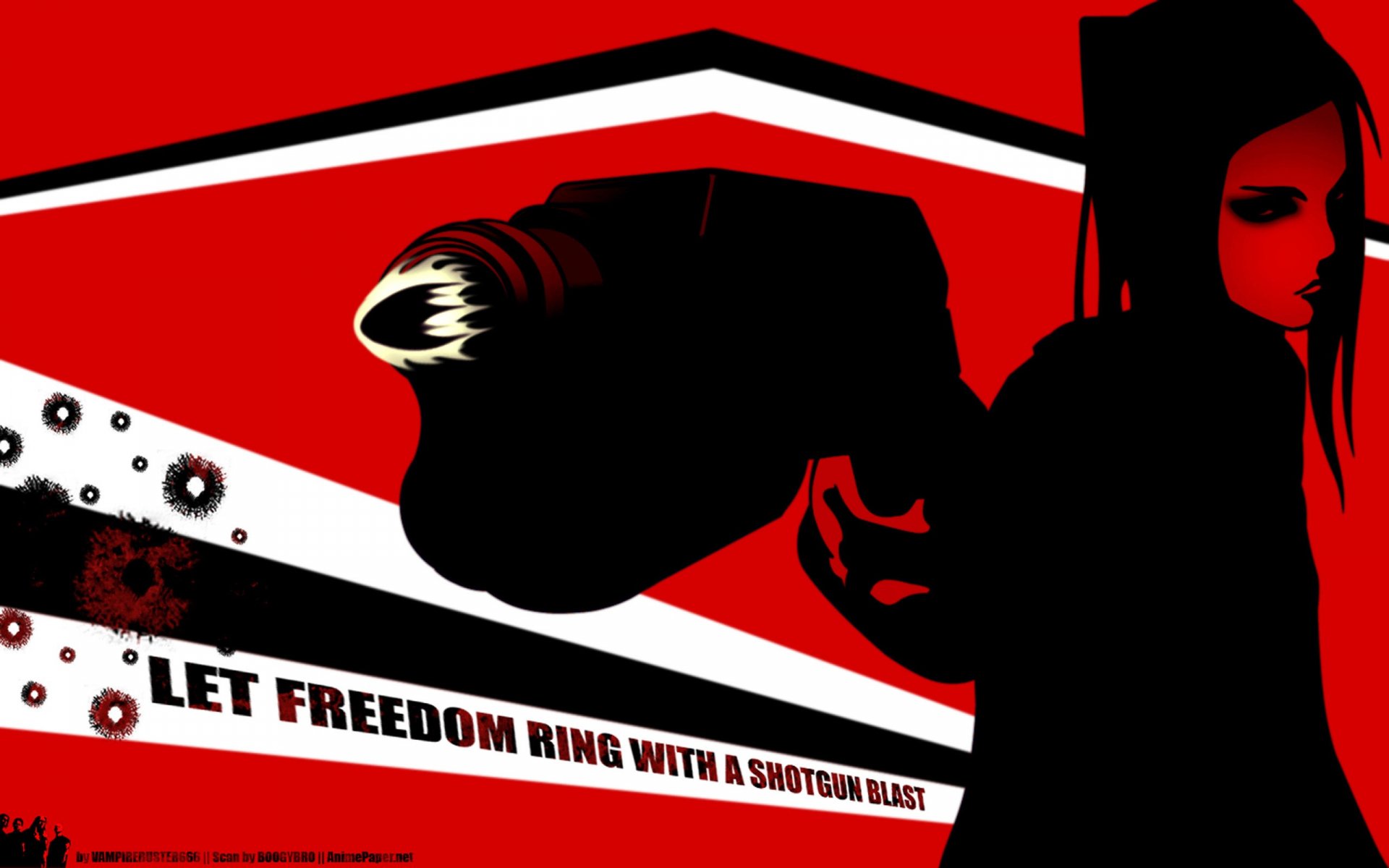 Ergo Proxy anime 2K Quad HD PC desktop wallpaper: high-contrast red, black and white art with a silhouetted figure, oversized shotgun motif and slogan Let Freedom Ring With A Shotgun Blast.