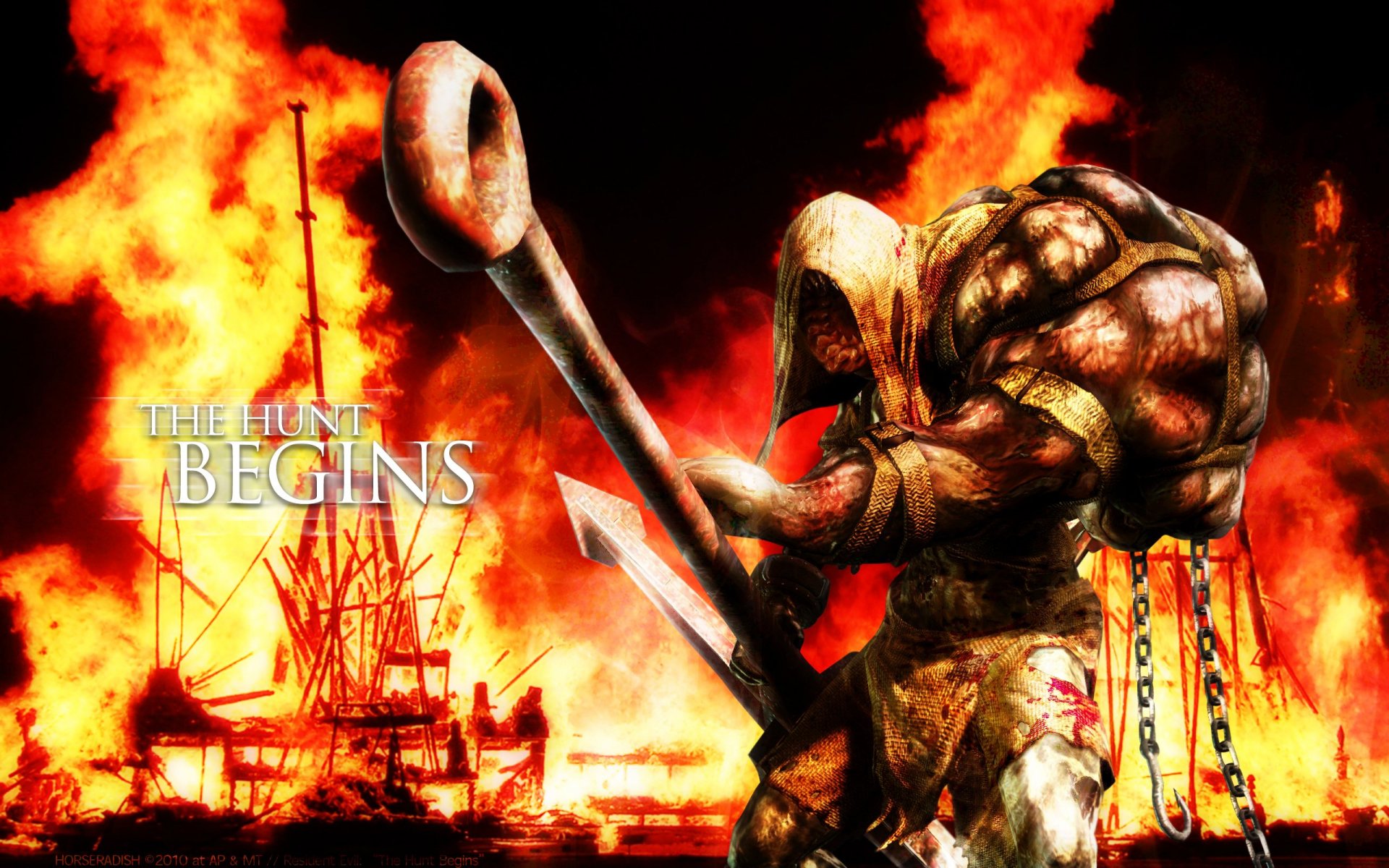 HD PC desktop wallpaper featuring a menacing Resident Evil creature wielding a large weapon against a fiery, burning backdrop with the text The Hunt Begins.